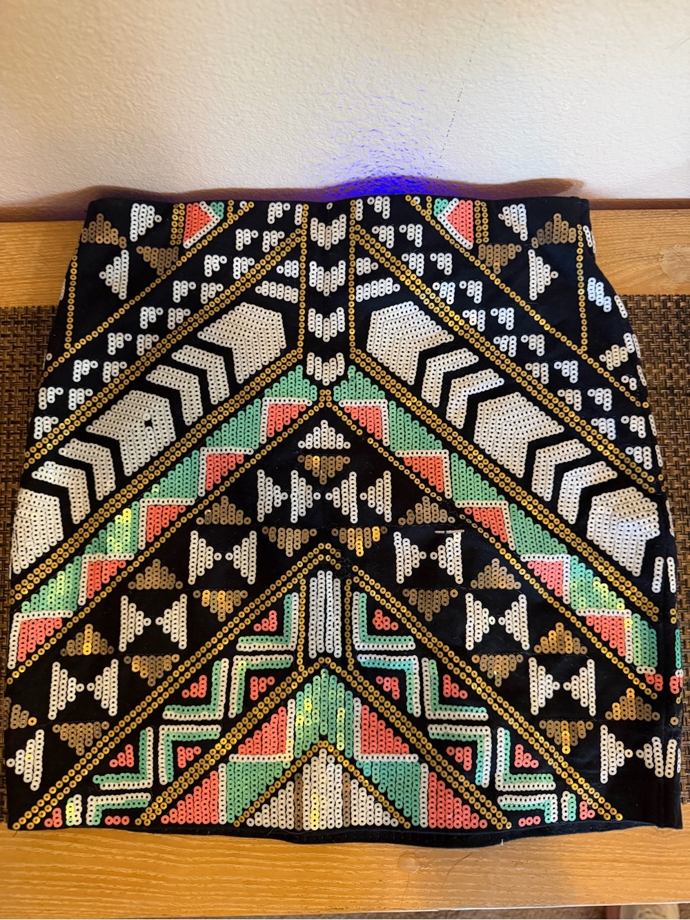 Express Black Mini Skirt with Gold, White, Pink & Mint Sequin Aztec Pattern - Picture 3 of 3